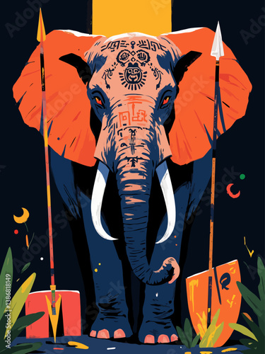 A majestic African elephant standing tall, its face adorned with intricate African symbols tattooed into its skin