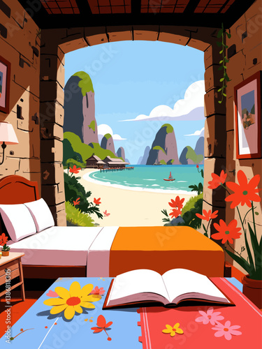 asia A bedroom with stone walls and white sheets, a window overlooking the sea in thailand