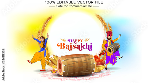 Happy Baisakhi. Punjabi Sikh Cultural Traditional Festival of India Drawing Illustration.