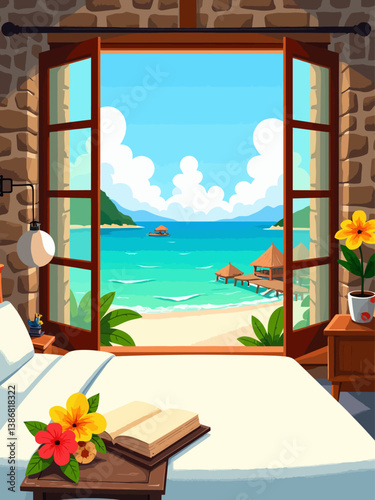 asia A bedroom with stone walls and white sheets, a window overlooking the sea in thailand