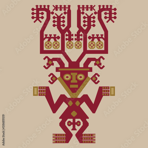 Ancient Peruvian ethnic design. Fantastic human figurine with antlers or headgear. Geometrical ornament from Chimu textile.