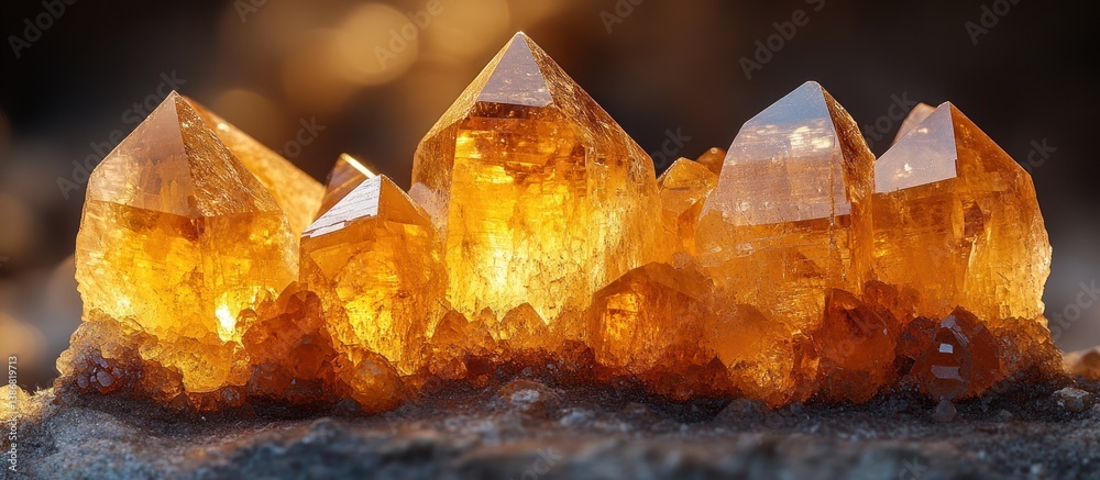 Luminous amber crystals cluster on dark stone Luminous amber crystals cluster on dark stone