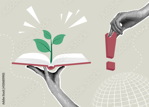Trendy halftone collage. Education, growth and knowledge. Sprout of inspiration. The concept of learning, the pursuit of new knowledge, reading.