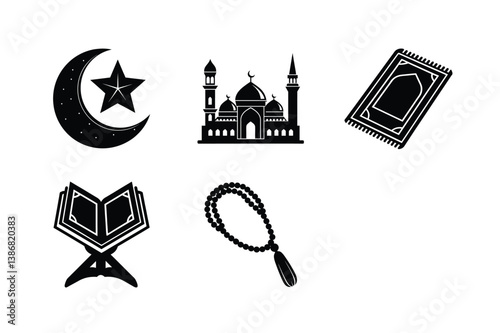 Eid al-Adha Vector Elements Set – Crescent Moon, Mosque, Quran, Tasbih & More