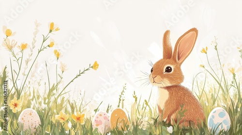 Happy easter! Eastern Cute easter bunny meadow / rabbit / grass / nature / Easter Eggs / Ostern / Eastern - Decoration concept for greetings and presents on Easter Day celebrate time / Copy Space / S