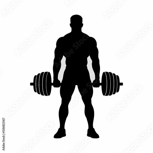 Silhouette of a Muscular Bodybuilder Lifting Heavy Barbell, Fitness Training