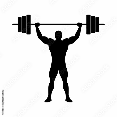 Silhouette of Muscular Athlete Lifting Heavy Barbell Overhead, Weightlifting