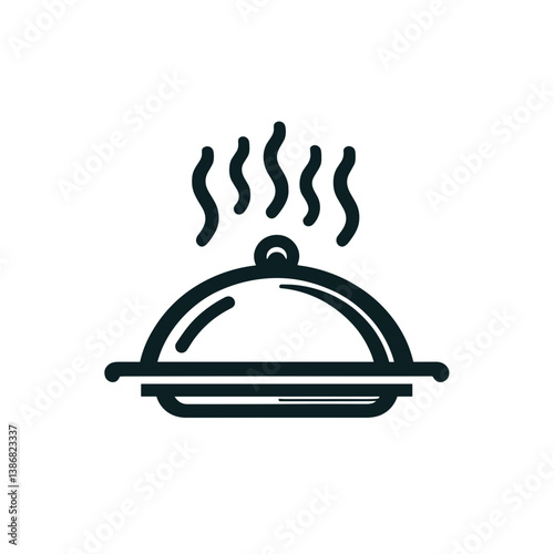 Covered serving dish with steam, black and white illustration of dining