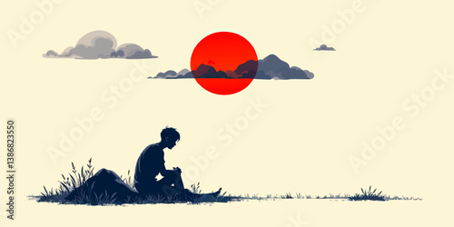  a man sitting on the ground in front of a red sun