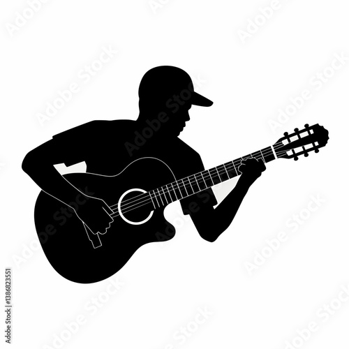 Silhouette of Guitarist Playing Acoustic Instrument in Cap