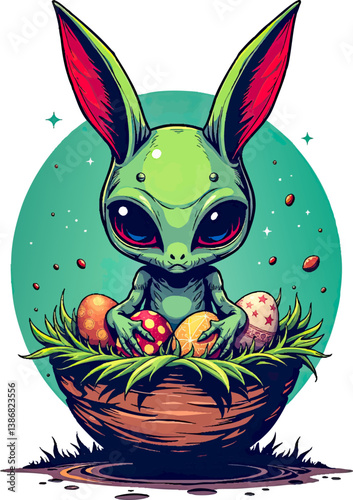 an illustration of a baby alien sitting in a basket filled with eggs