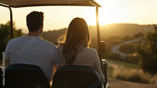 Romantic couple enjoying a golf cart ride at dusk