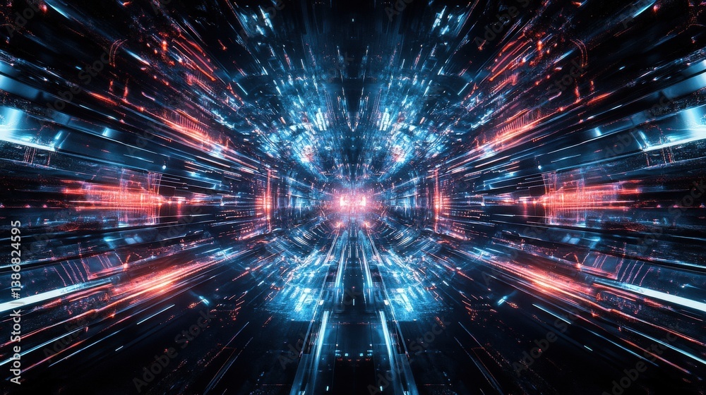 Fototapeta premium Futuristic Digital Background with Bright Blue and Red Lights