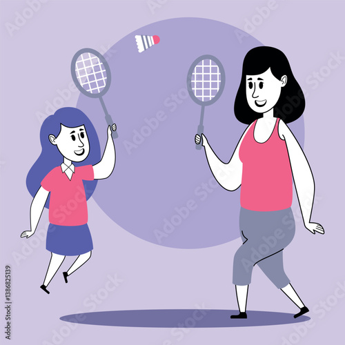 Two enthusiastic players engaged in lively badminton match. Young girl in sporty outfit and adult woman using rackets, with shuttlecock flying between them