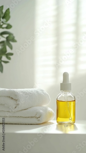 Hair care Elegant hair oil and smooth hair Relaxing setting with essential oil and towels.