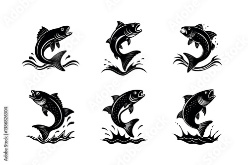 Six Silhouettes of Fish Jumping Out of Water