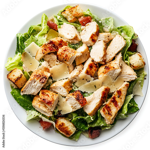 Chicken Caesar Salad with Parmesan Cheese, Croutons, and Fresh Lettuce Leaves in a White Bowl on White