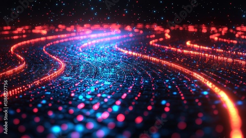 A futuristic, AI-generated network of glowing energy nodes, interconnected by pulsing neon pathways, forming a mesmerizing digital matrix.