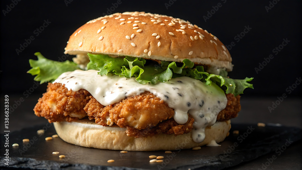 Mouthwatering Crispy Fried Chicken Sandwich with Fresh Lettuce and Sauce Mouthwatering Crispy Fried Chicken Sandwich with Fresh Lettuce and Sauce