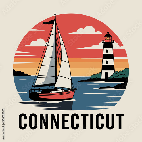 Connecticut Coastline Poster with Sailboat and Lighthouse