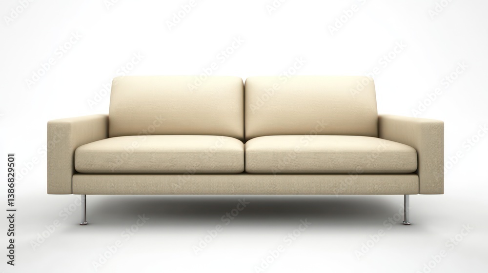 Fototapeta premium A neutral beige sofa with a minimalist design and thin metal legs, placed against a crisp white backdrop.