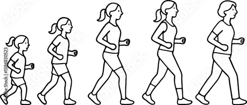 Line Art Vector of Woman Jogging at Different Ages – Health and Fitness Across Life Stages