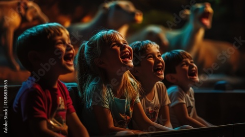 Joyful children captivated by an animal-themed show in a dimly lit theater