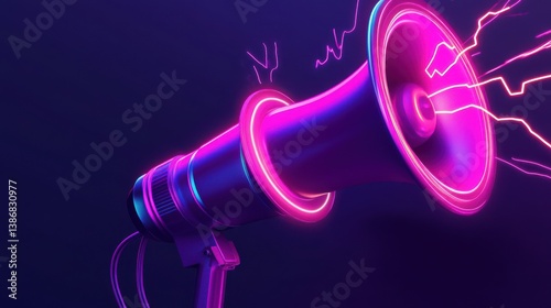 Neon pink and purple megaphone with lightning bolts symbolizing sales promotion and excitement, vibrant marketing, advertising concept illustration