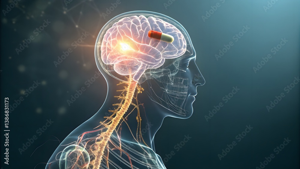 Fototapeta premium 3D-rendered glowing nerve system inside a semi-transparent human body, with a holographic pill entering the brain—symbolizing advanced neural treatments.