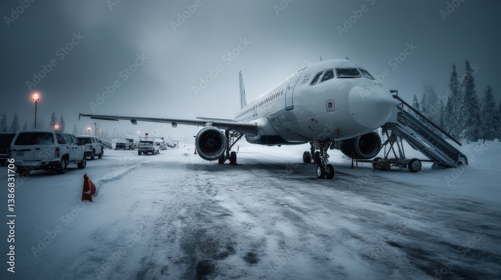 Fototapeta premium Parked airplane in snowy winter landscape remote runway high fidelity image