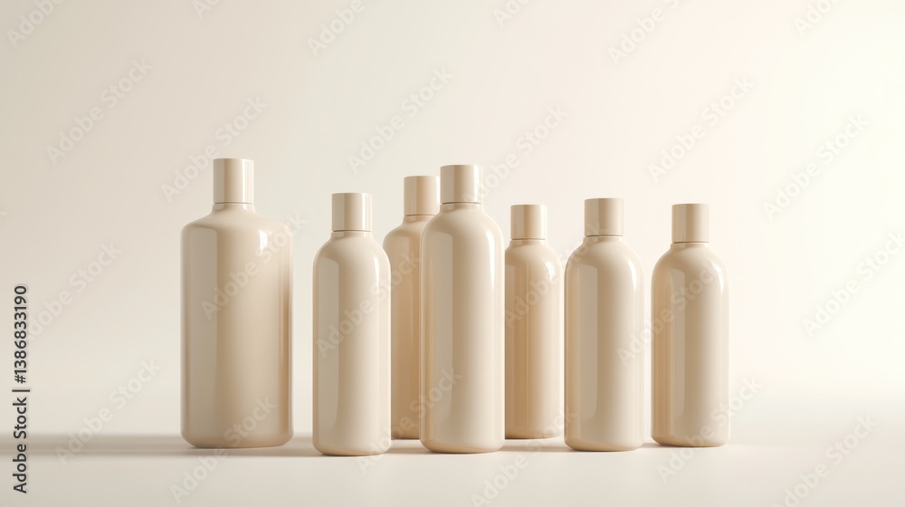 Beige bottles on white background; product display; studio shot; packaging mockups Beige bottles on white background; product display; studio shot; packaging mockups