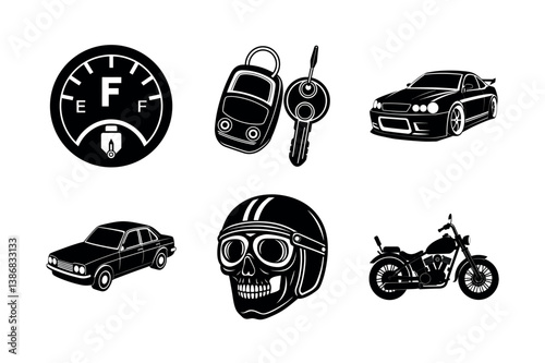 Stylish black and white silhouettes of cars, motorcycles, and car accessories.