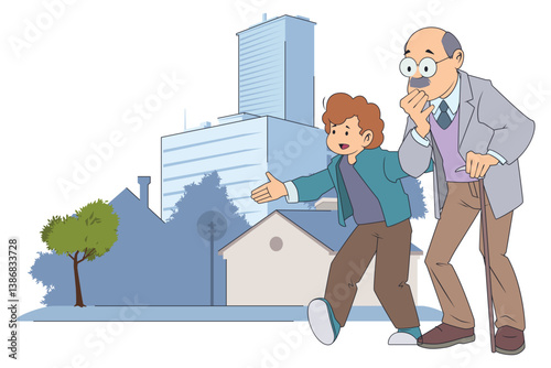 Boy helps an elderly man cross street.