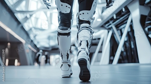 Person walking in exoskeleton suit in futuristic building