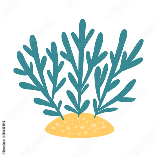 Turquoise seaweed on a sandy patch. Underwater plant illustration. Ideal for marine life, ocean, or aquarium designs. Vector graphic.