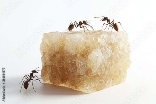Ants lifting a huge cube rock sugar, against a white background, 3D render, hyper-realistic