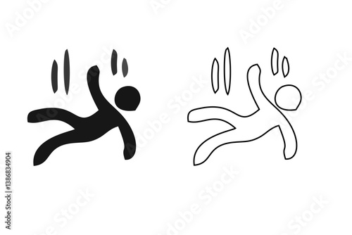 Caution symbols with stick figure man falling. Wet floor, tripping, falling from stairs, ladder, water, edge. Workplace safety and injury vector illustration