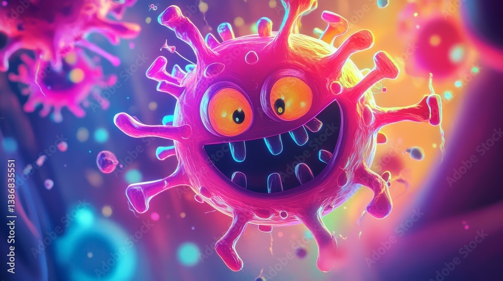 Fototapeta premium Cartoon virus illustration with a smiling face and bright colors.