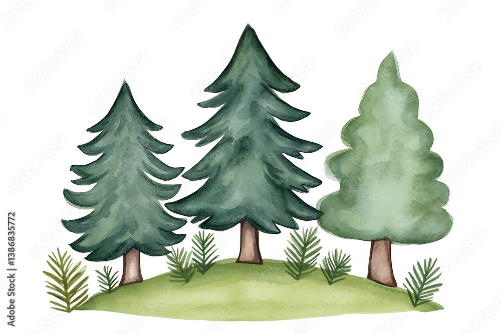 Obraz premium Colorful Watercolor Illustration of Three Pine Trees on Green Hill