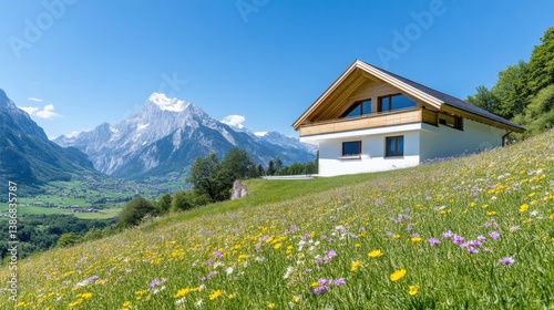 Alpine chalet nestled on hillside meadow, mountain view
