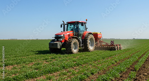 Red tractor working on green farmland under blue sky, modern agricultural machinery for sustainable farming and food production, transparent background concept for farming technology.