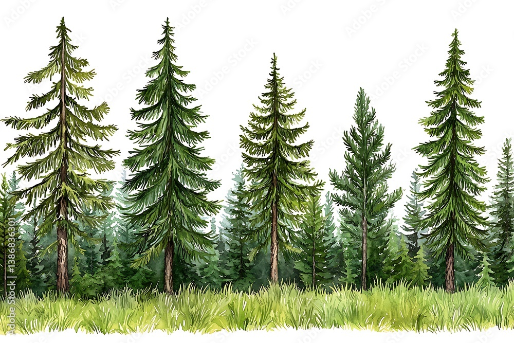 Obraz premium Detailed Illustration of Tall Evergreen Trees in a Forest Setting