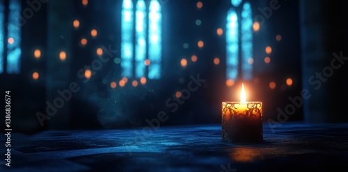Candle burning on a table in a dark room with blurred church windows in the background.