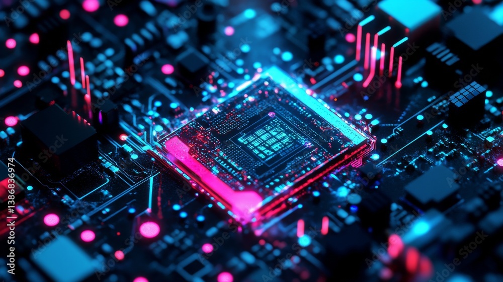 Illuminated circuit board with a microchip. Futuristic glow in blues, reds, and pinks Illuminated circuit board with a microchip. Futuristic glow in blues, reds, and pinks