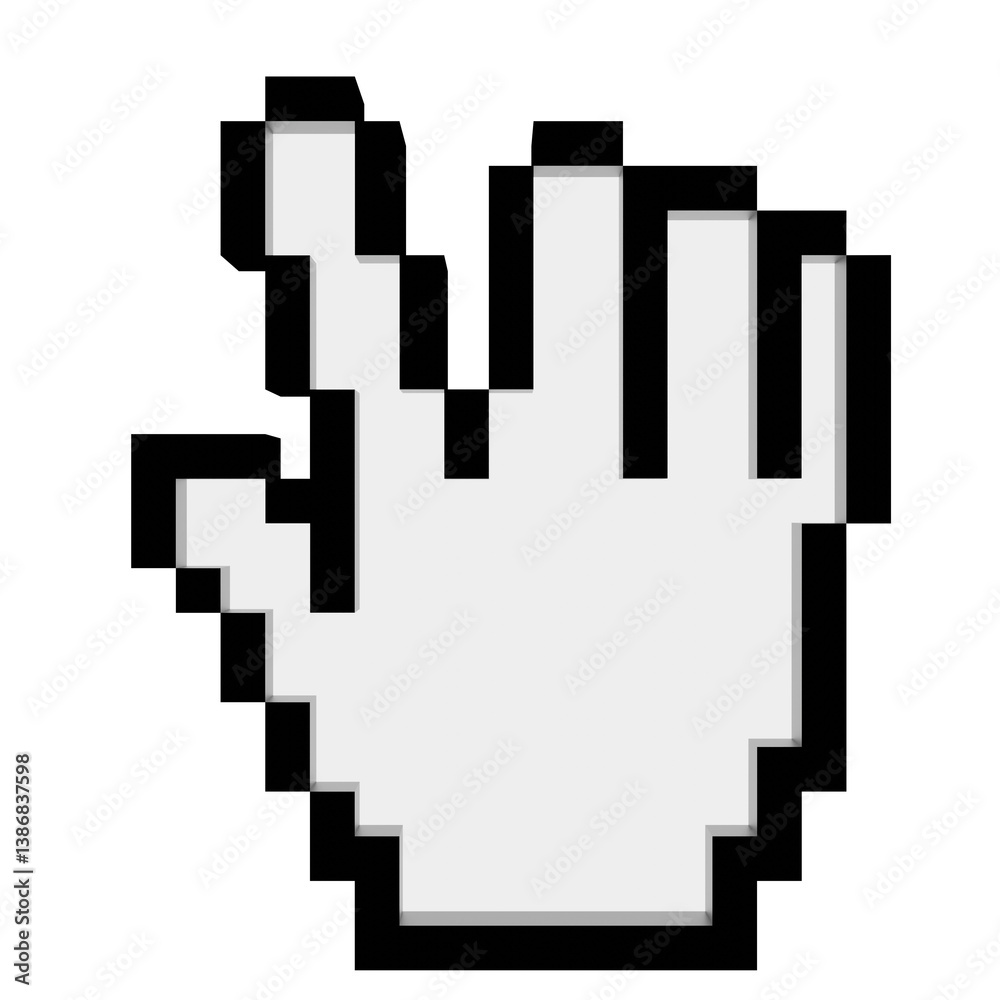 Pixelated hand cursor. A classic computer mouse pointer, rendered in pixel art style, pointing right Pixelated hand cursor. A classic computer mouse pointer, rendered in pixel art style, pointing right