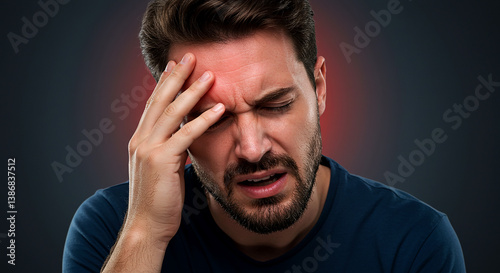 Man holding his forehead in frustration, isolated on dark background, representing stress, headache, or mental health concerns, suitable for medical and wellness stock imagery.