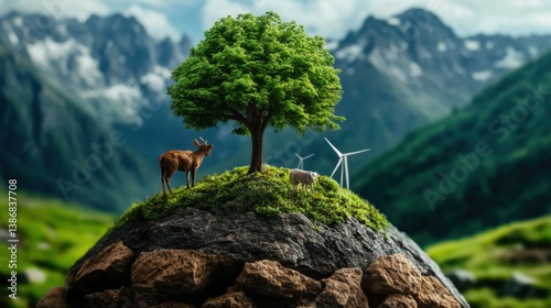 Green world with balance between humans, animals, and renewable technology