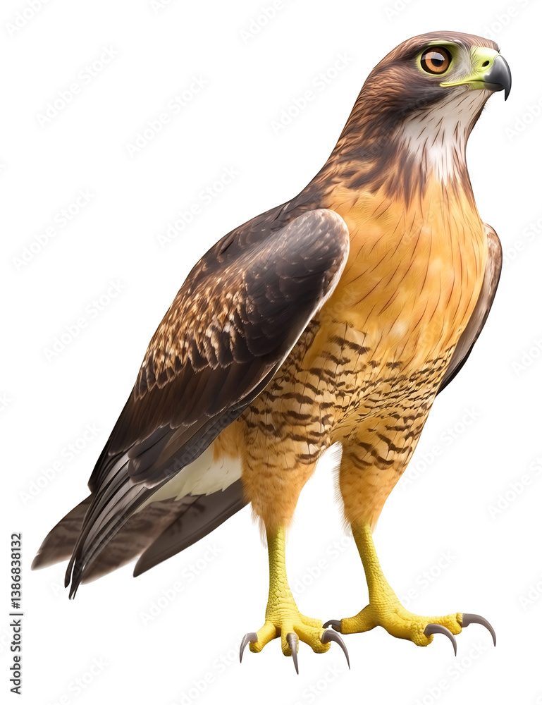 Majestic hawk stands proudly against bright white background showcasing rich brown gold plumage. AI Generated Majestic hawk stands proudly against bright white background showcasing rich brown gold plumage. AI Generated