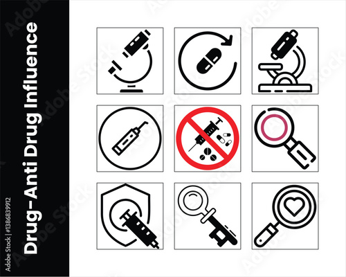 Anti Drug Influence Icons Vector Set Representing Medical Research And Healthy Lifestyle