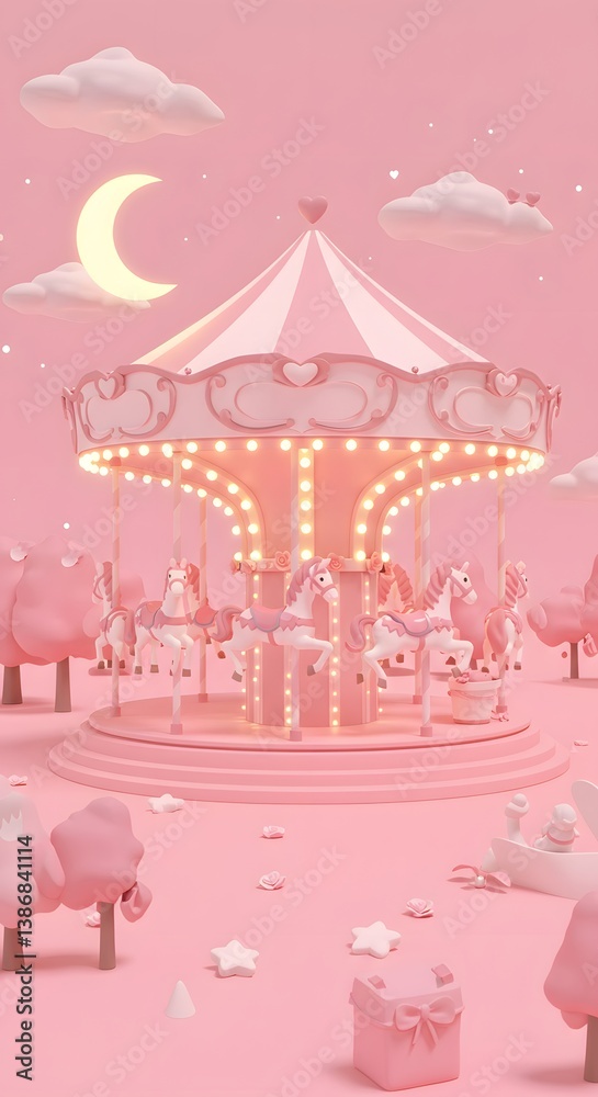 Obraz premium Pink Carousel with Horses, Clouds, Moon, and Gift Box in Dreamy Landscape